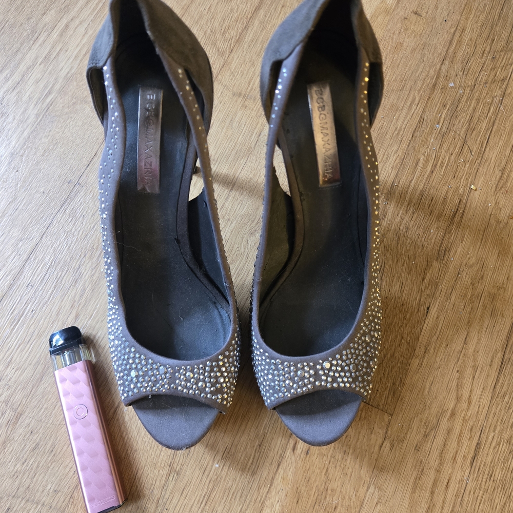 BCBG Paris Gray Heels with Rhinestone Accents